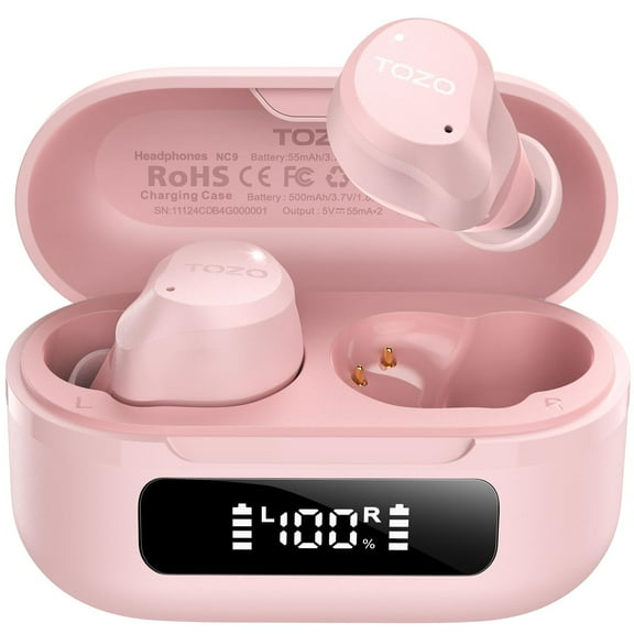 TOZO NC9 Hybrid Active Noise Cancelling Wireless Earbuds, Bluetooth 5.3 in Ear Headphones with 6 Mics ENC Clear Call, 59H Play IPX8 Waterproof LED Display 32EQs via APP for Sport Travel Office, Pink