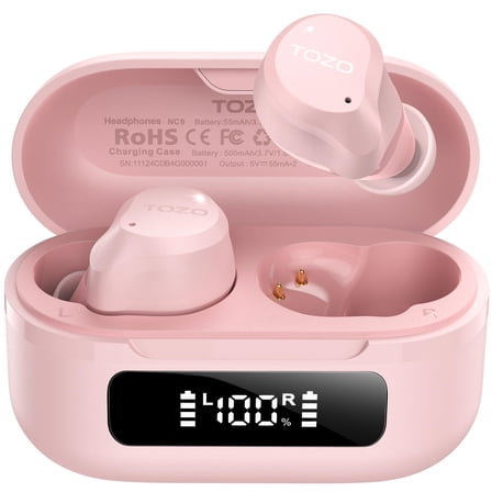 TOZO NC9 Hybrid Active Noise Cancelling Wireless Earbuds, Bluetooth 5.3 in Ear Headphones with 6 Mics ENC Clear Call, 59H Play IPX8 Waterproof LED Display 32EQs via APP for Sport Travel Office, Pink