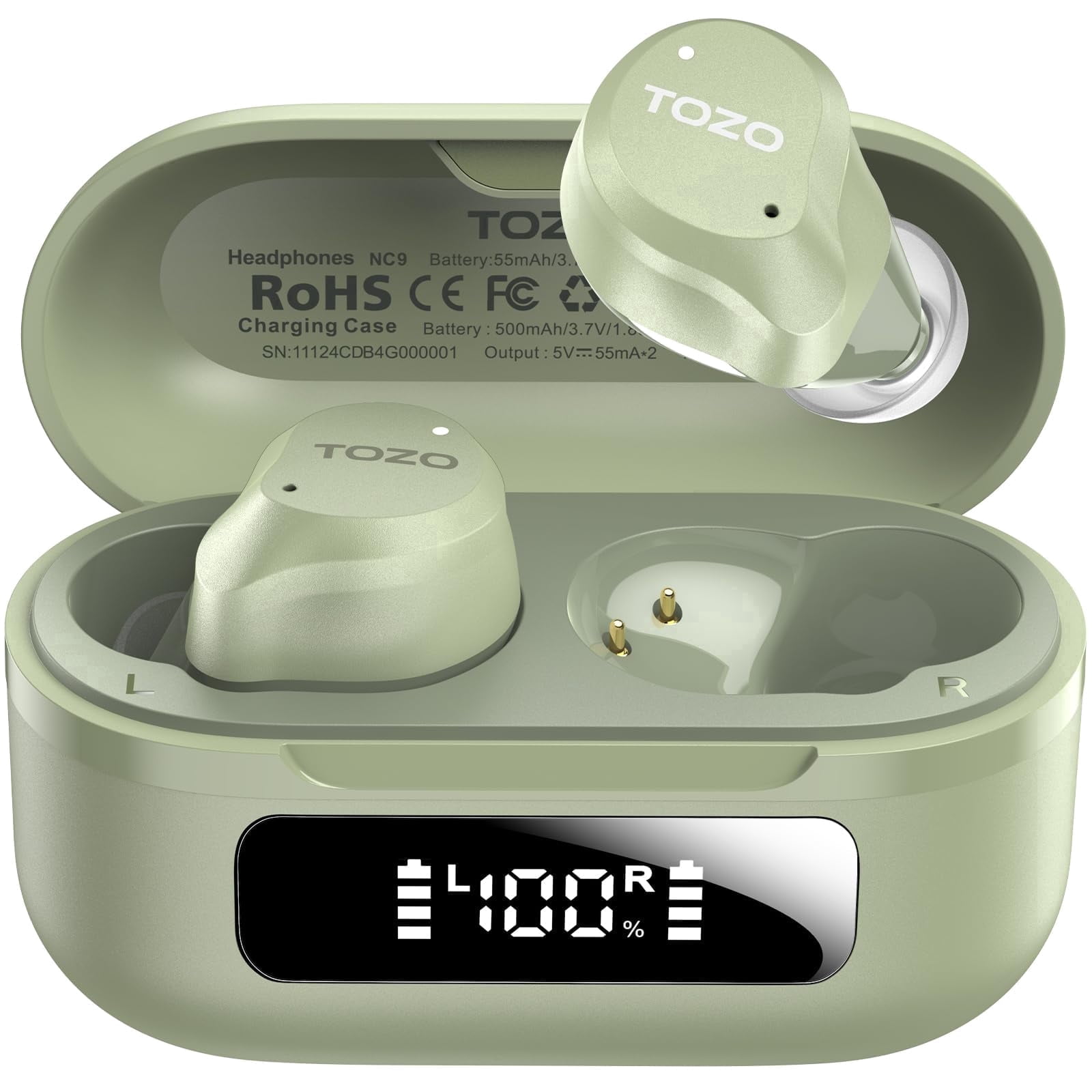 TOZO NC9 Hybrid Active Noise Cancelling Wireless Earbuds, 6 Mics ENC Clear Call, 60H Play, IPX8 Waterproof, Stereo Bass, APP-32EQ, LED Display, Light Green