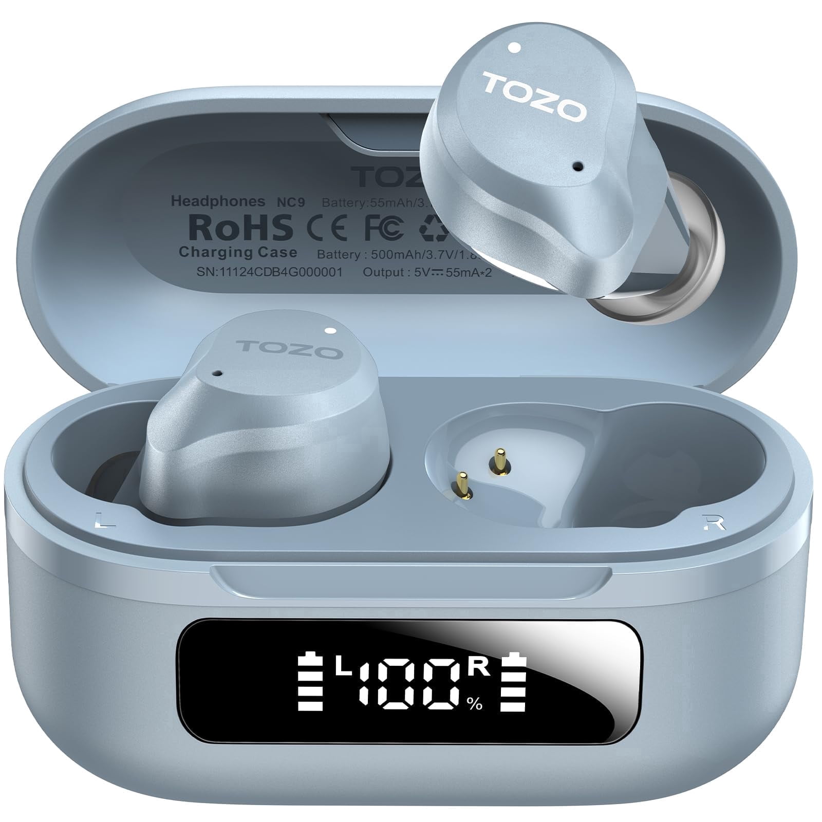 TOZO NC9 Hybrid Active Noise Cancelling Wireless Earbuds, 6 Mics ENC Clear Call, 60H Play, IPX8 Waterproof, Stereo Bass, APP-32EQ, LED Display, Light Blue