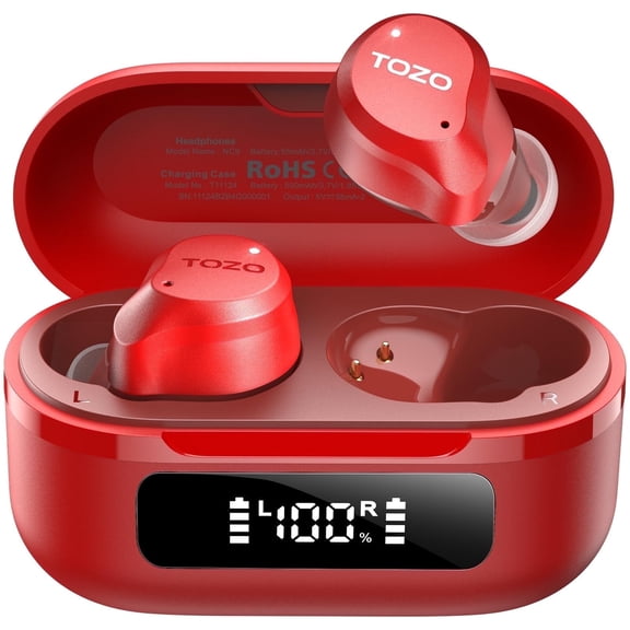 TOZO NC9 Hybrid Active Noise Cancelling Earbuds Wireless, Bluetooth in Ear Headphones with 6 ENC Mics, 59H, Stereo Bass, APP-32EQ, LED Display, IPX8 Waterproof Earbuds for iphone Samsung Android, Red