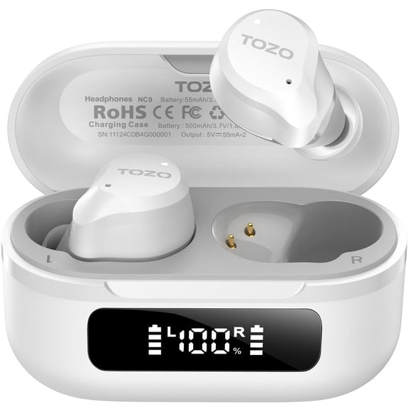TOZO NC9 Hybrid Active Noise Cancelling Earbuds Wireless, Bluetooth in Ear Headphones with 6 ENC Mics, 59H, Stereo Bass APP-32EQ, LED Display, IPX8 Waterproof Earbuds for iphone Samsung Android,White