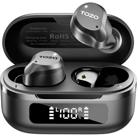 TOZO NC9 Hybrid Active Noise Cancelling Wireless Earbuds, Stereo Bluetooth Ear Buds, 6-Mic ENC, 59H Play, App 32EQ, IPX8 Waterproof in-Ear Headphones for Home Sport, Travel, Office, Black