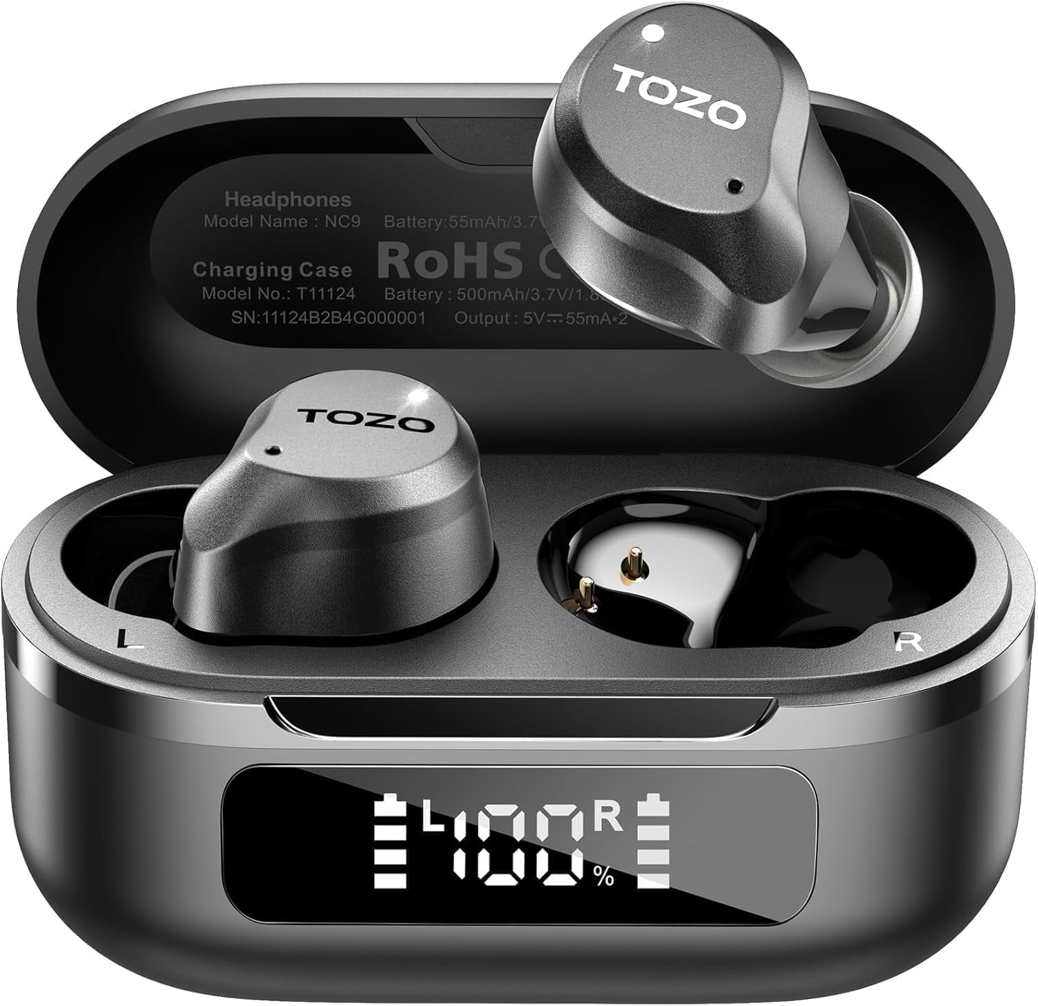 TOZO NC9 Hybrid Active Noise Cancelling Wireless Earbuds, 6 Mics ENC Clear Call, 60H Play, IPX8 Waterproof, Stereo Bass, APP-32EQ, LED Display in Ear Bluetooth Headphones, Black