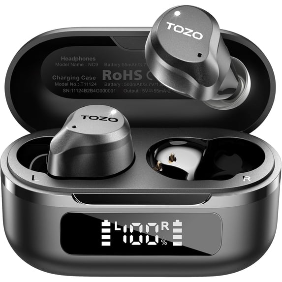 TOZO NC9 Hybrid Active Noise Cancelling Wireless Earbuds, 6 Mics ENC Clear Call, 60H Play, IPX8 Waterproof, Stereo Bass, APP-32EQ, LED Display in Ear Bluetooth Headphones, Black