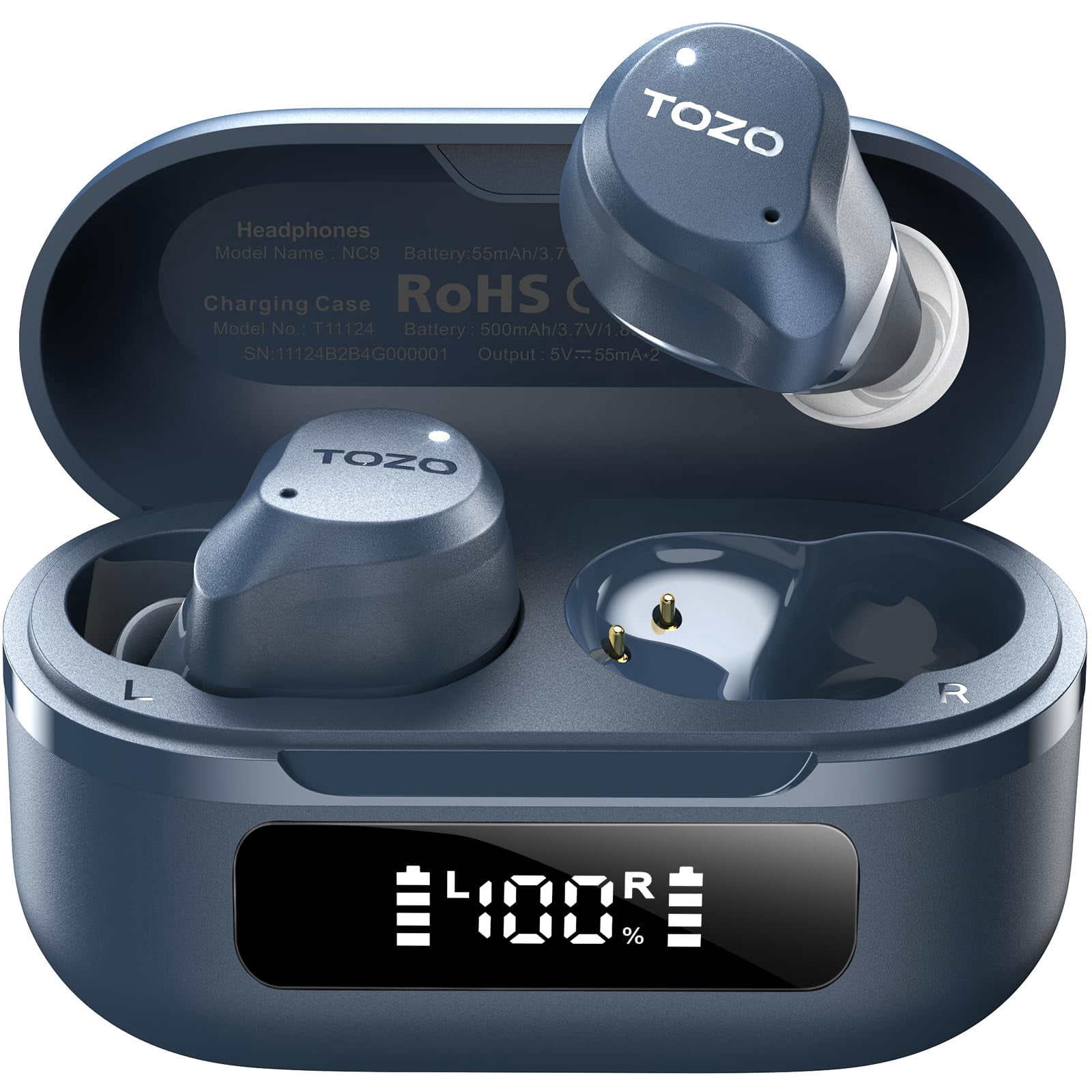 TOZO NC9 Hybrid Active Noise Cancelling Wireless Earbuds, 6 Mics ENC Clear Call, 60H Play, IPX8 Waterproof, Stereo Bass, APP-32EQ, LED Display, Bluetooth Wireless Headphones, Blue