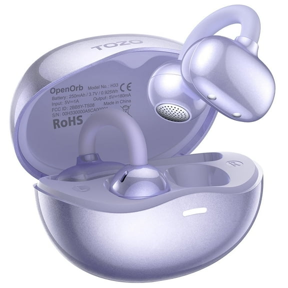 TOZO Open Ear Clip on Earbud Wireless Headphones Bluetooth, 24H Play, Premium Stereo Bass, Lightweight Comfort Fit for Sports Running Workout, Purple Headphones