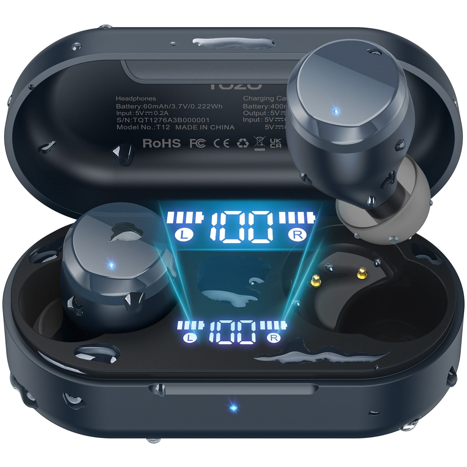TOZO T12 Wireless Bluetooth Earbuds, Bluetooth Headphones, 55H, ENC Noise Cancelling Mic, Premium Stereo Bass, Wireless Charge, IPX8 Waterproof, App-32EQ, LED Power Display, Blue