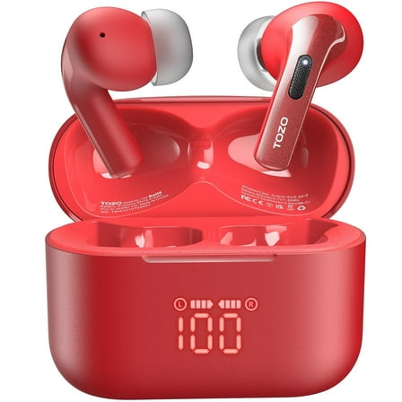 TOZO T20 Upgraded ANC ENC Wireless Earbuds,App-Controlled 32EQ, Bluetooth 5.3,HiFi Stereo,49 Hrs Play,Wireless Charging,IPX8 Waterproof,Real-time LED Display,Comfort Fit for Home,Sports,Travel,Red