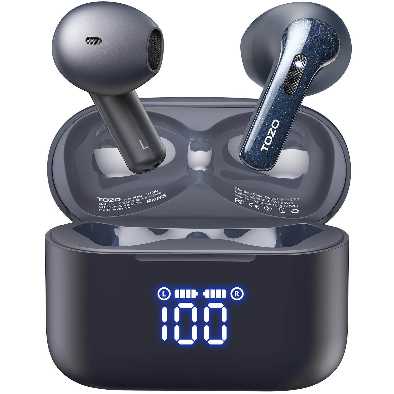TOZO ANC ENC Wireless Earbuds Bluetooth 5.3 Headphones Stereo Ear buds IPX8 Waterproof in-Ear Earphones 44H Playback 2 DNS Noise Cancelling Mic Wireless Charging Case Dual LED Display for iOS Android