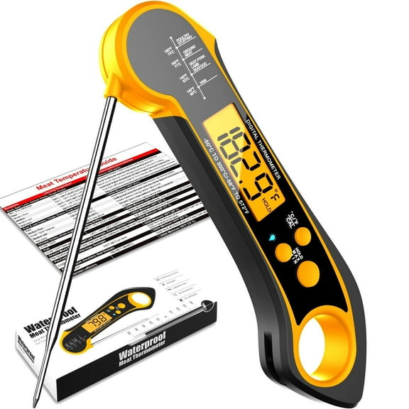 TP-01 Waterproof Digital Instant Read Meat Thermometer with 4.6 Inch Folding Probe Backlight and Calibration for Cooking Candies, Grilling, Liquids, Beef (Orange),yellow