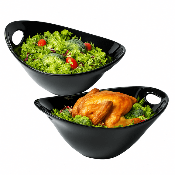 TP 11.5" Melamine Serving Bowl with Handles, 2-Piece Durable Mixing Bowl Salad Bowl for Party, Dishwasher Safe, Black
