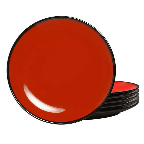 TP 11" Melamine Dinner Plates, 6-piece Plate Set Unbreakable Serving Dishes, Black & Red