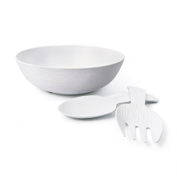 TP 12" Melamine Salad Bowl Set with Fork and Spoon, Large Mixing Bowl with Utensils, Dishwasher Safe, White
