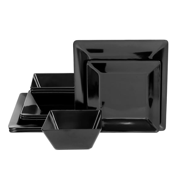 TP 12-Piece Classic Square Melamine Dinnerware Set, Plates and Bowls Set, Service for 4, Black