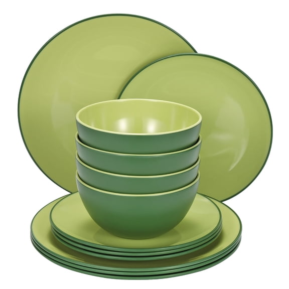 TP 12-Piece Dinnerware Set, Melamine Dishes Set with Bowls and Plates, Dinner Service for 4, Dishwasher Safe, Avocado Green