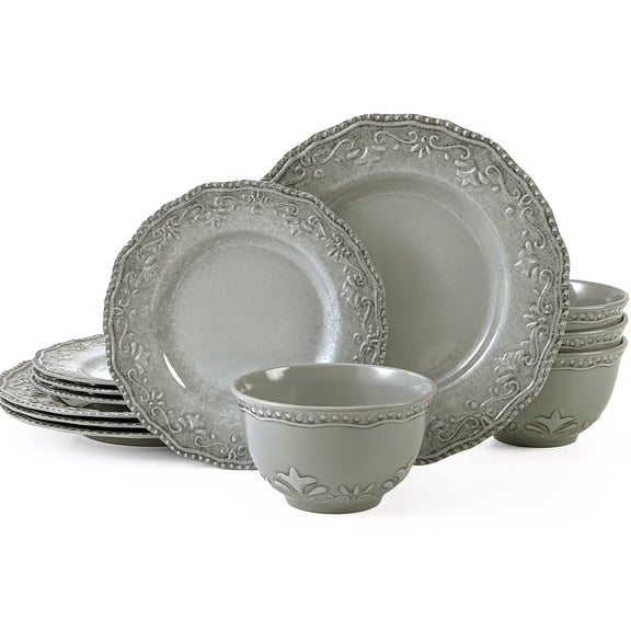 TP 12-Piece Dinnerware Set, Melamine Dishes Set with Bowls and Plates, Dinner Service for 4, Dishwasher Safe, Gray