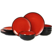 TP 12-Piece Dinnerware Set, Melamine Dishes Set with Bowls and Plates, Dinner Service for 4, Dishwasher Safe, Red & Black
