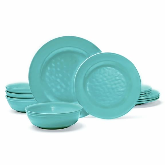 TP 12-Piece Dinnerware Set, Melamine Dishes Set with Bowls and Plates, Dinner Service for 4, Dishwasher Safe, Turquoise