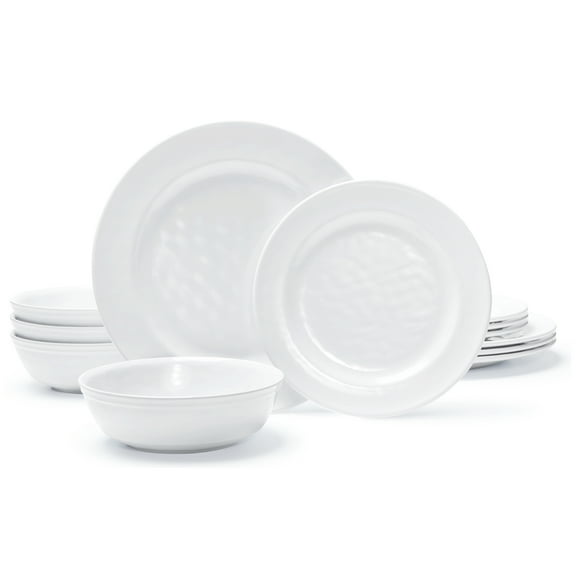 TP 12-Piece Dinnerware Set, Melamine Dishes Set with Bowls and Plates, Dinner Service for 4, Dishwasher Safe, White