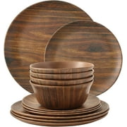 TP 12-Piece Dinnerware Set, Melamine Dishes Set with Bowls and Plates, Dinner Service for 4, Dishwasher Safe, Wood Grain