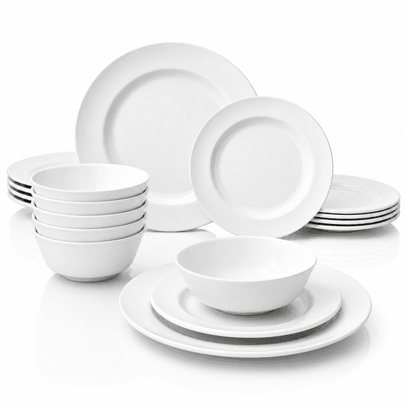 TP 18-Piece Pure White Melamine Dinnerware Set, Plates and Bowls Set, Service for 6, Dishwasher Safe