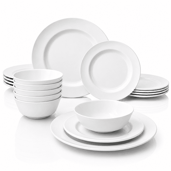 TP 18-Piece Pure White Melamine Dinnerware Set, Plates and Bowls Set, Service for 6, Dishwasher Safe