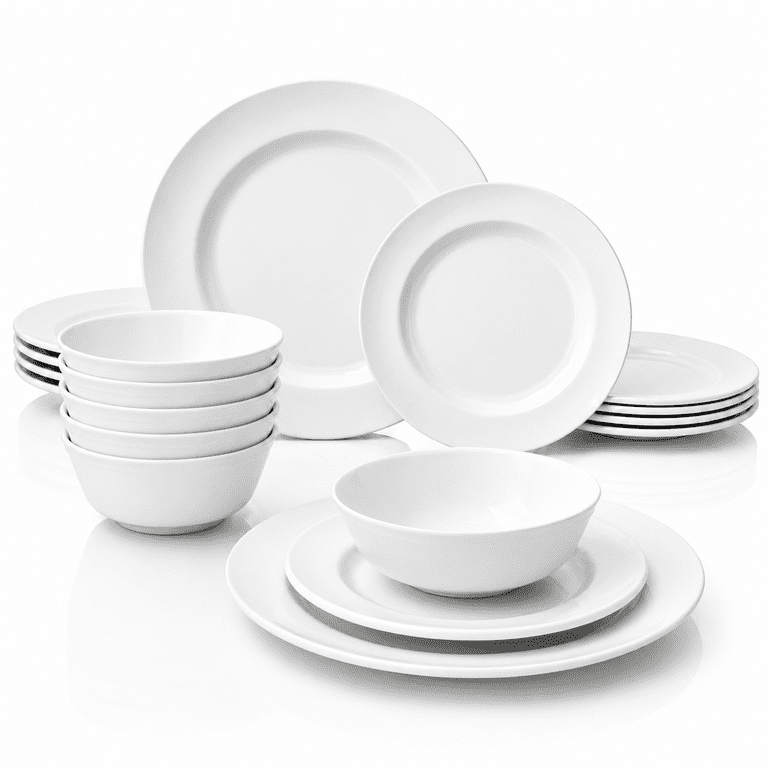 TP 18-Piece Pure White Melamine Dinnerware Set, Plates and Bowls Set, Service for 6, Dishwasher Safe
