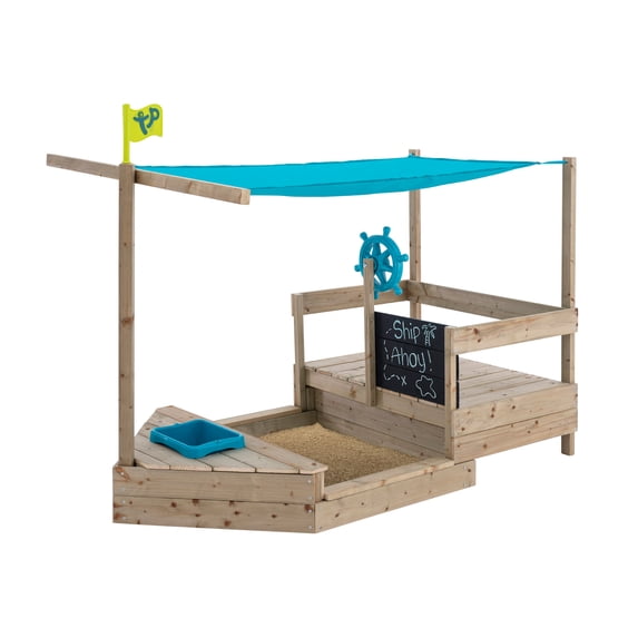TP Toys Ahoy Ship Wooden Sandbox Cover Play Boat with Sunshade Sail, Hidden Sandpit, Splash Bowl, Storage Compartment & Pirate Play Features for Kids Ages 2+