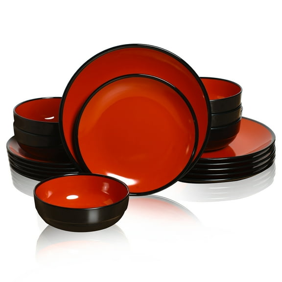 TP Dinnerware Sets, Melamine Dinner Service for 6, 18-Piece Plates and Bowls Set, Dishwasher Safe, Black and Red