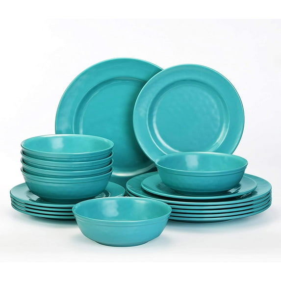 TP Dinnerware Sets, Melamine Dinner Service for 6, 18-Piece Plates and Bowls Set, Dishwasher Safe, Turquoise