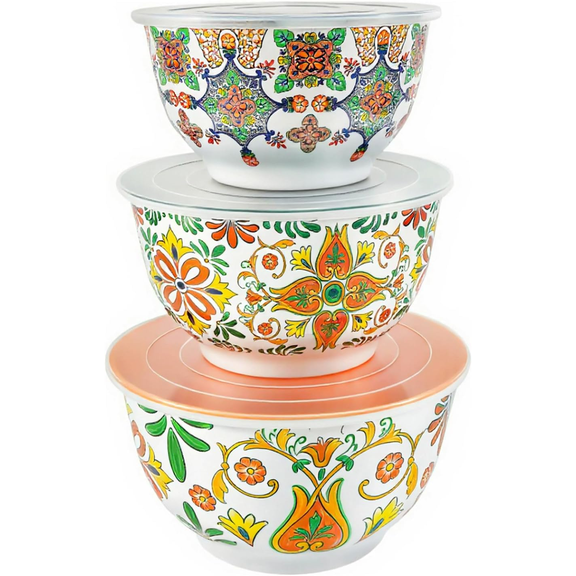 TP Large Mixing Bowl Set with Lids, Melamine Nesting Bowls Set for Pasta Baking Salad Mixing, Set of 3, Aztec Bloom