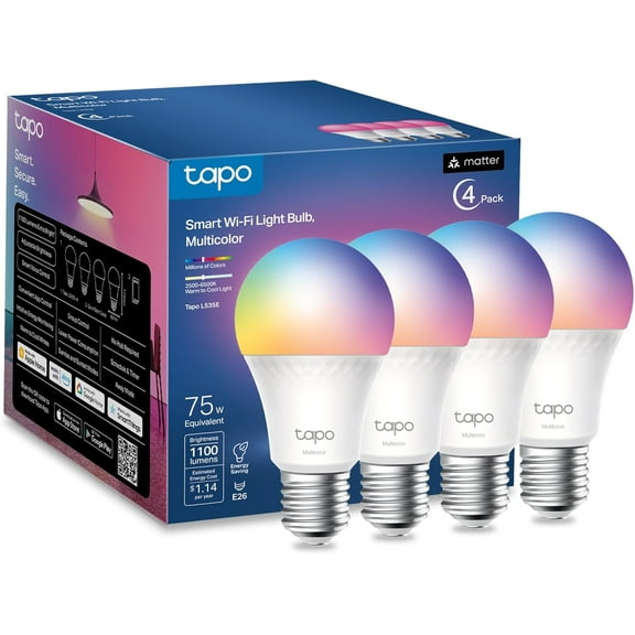 TP-Link Smart Light Bulbs, 1100 Lumens High Brightness (75W Equivalent), Matter-Certified, 16M Colors WiFi Light Bulb, Dimmable, Works w/Siri, Alexa & Google Home, A19 E26, L535E(4-Pack)