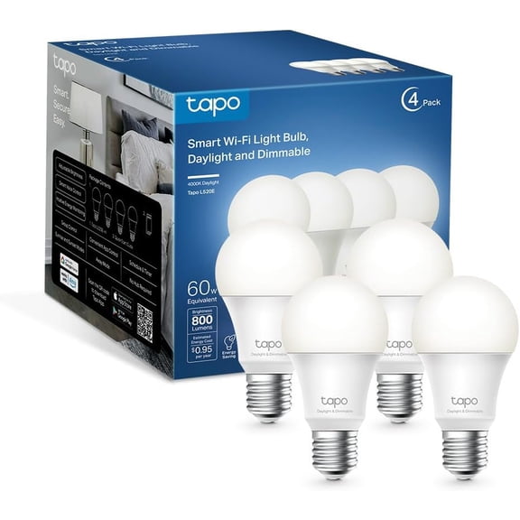 TP-Link Smart Light Bulbs - Natural Daylight, Dimmable, Compatible w/Alexa and Google Home, A60 Bulb/E27 Base, 60W Equivalent, 800LM CRI>90, 2.4GHz WiFi Only, No Hub Required, L520E(4-Pack)