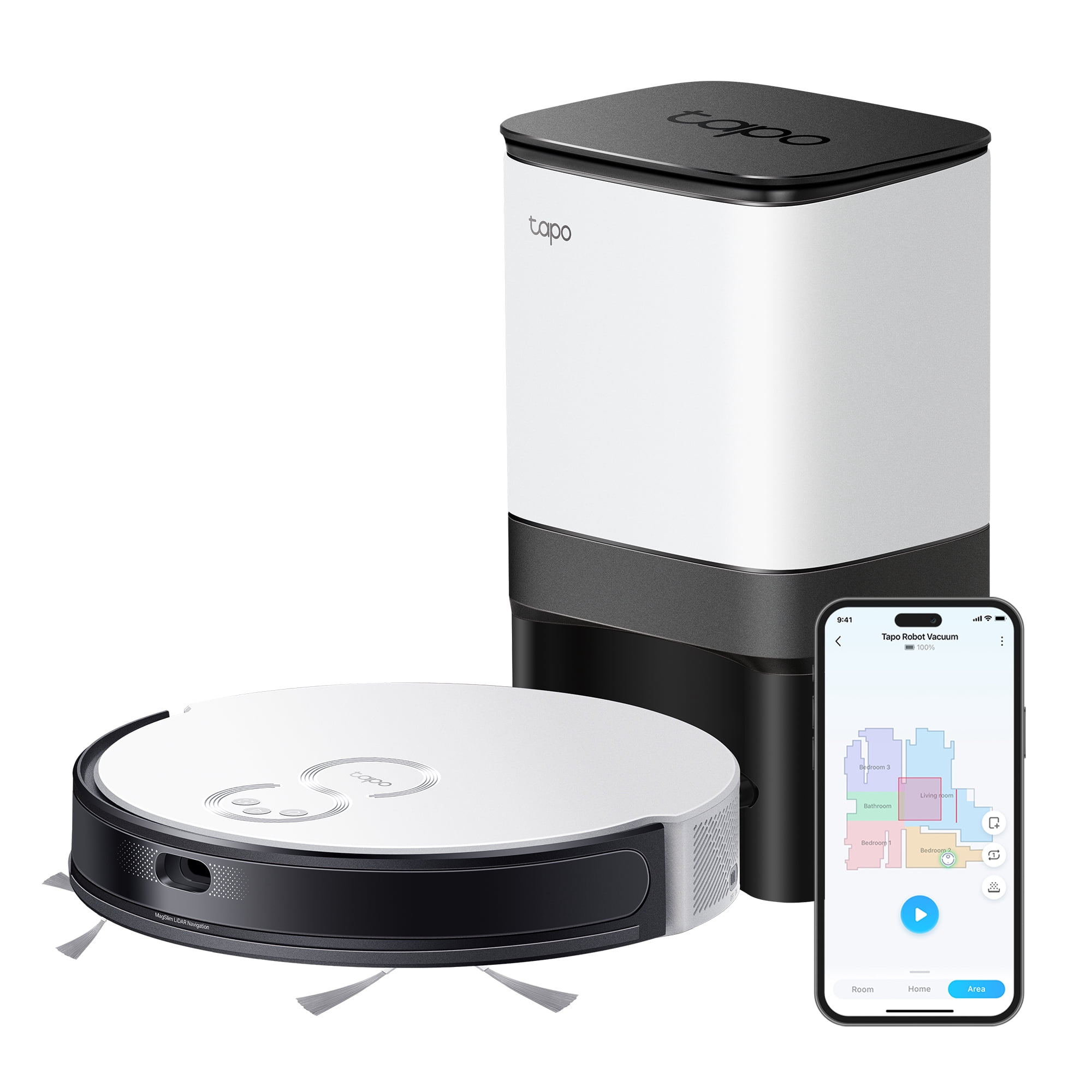 TP-Link Tapo Ultra-Slim Robot Vacuum, 3.07-inch Height, 2000Pa Hyper Suction, 4L Smart Auto-Empty Dock, Self-Charging, Customizable Room Cleaning, Quick Mapping, RV20 Plus