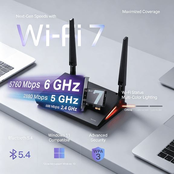 TP-Link WiFi 7 BE9300 PCIe WiFi Card for Desktop PC(Archer TBE550E), Tri-Band Wireless Adapter, Bluetooth 5.4, Multicolor Status LED, Supports AMD/Intel, Not Compatible with Windows 10/Linux
