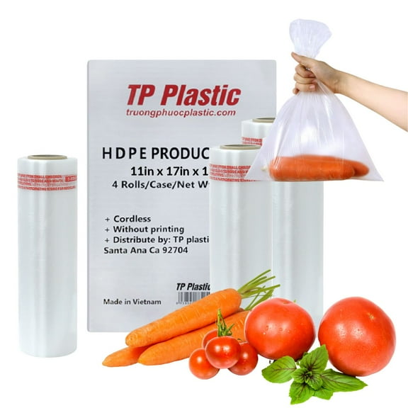 TP Plastic 11" x 17" Clear Plastic Produce Bags on Roll – Disposable Food Storage Bags for Bread, Groceries, Fruits & Vegetables, 4 Rolls, 240 Bags per Roll