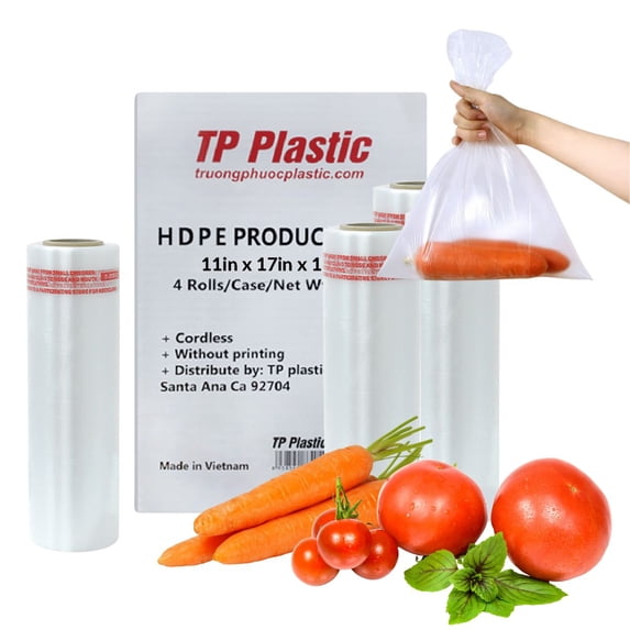 TP Plastic 11" x 17" Clear Plastic Produce Bags on Roll – Disposable Food Storage Bags for Bread, Groceries, Fruits & Vegetables, 4 Rolls, 240 Bags per Roll