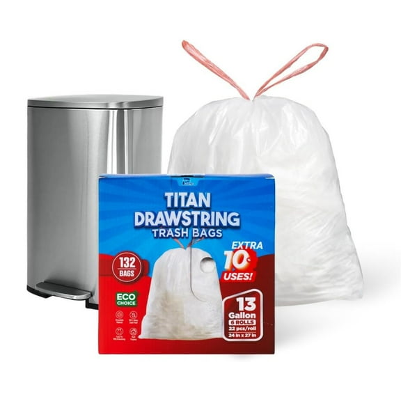 TP Plastic 13 Gallon Drawstring Tall Kitchen Trash Bags, Heavy Duty White Garbage Can Liners, Unscented Leak-Resistant Waste Bags for Kitchen, Bathroom, Office & Home, 132 Count