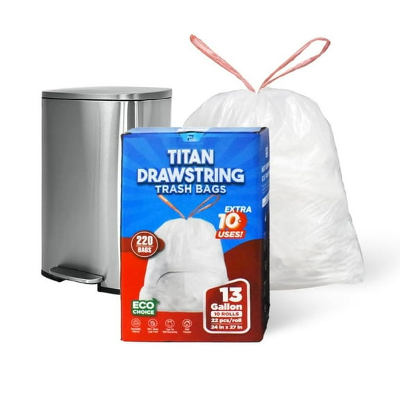 TP Plastic 13 Gallon Drawstring Tall Kitchen Trash Bags, Heavy Duty White Garbage Can Liners, Unscented Leak-Resistant Waste Bags for Kitchen, Bathroom, Office & Home, 220 Count