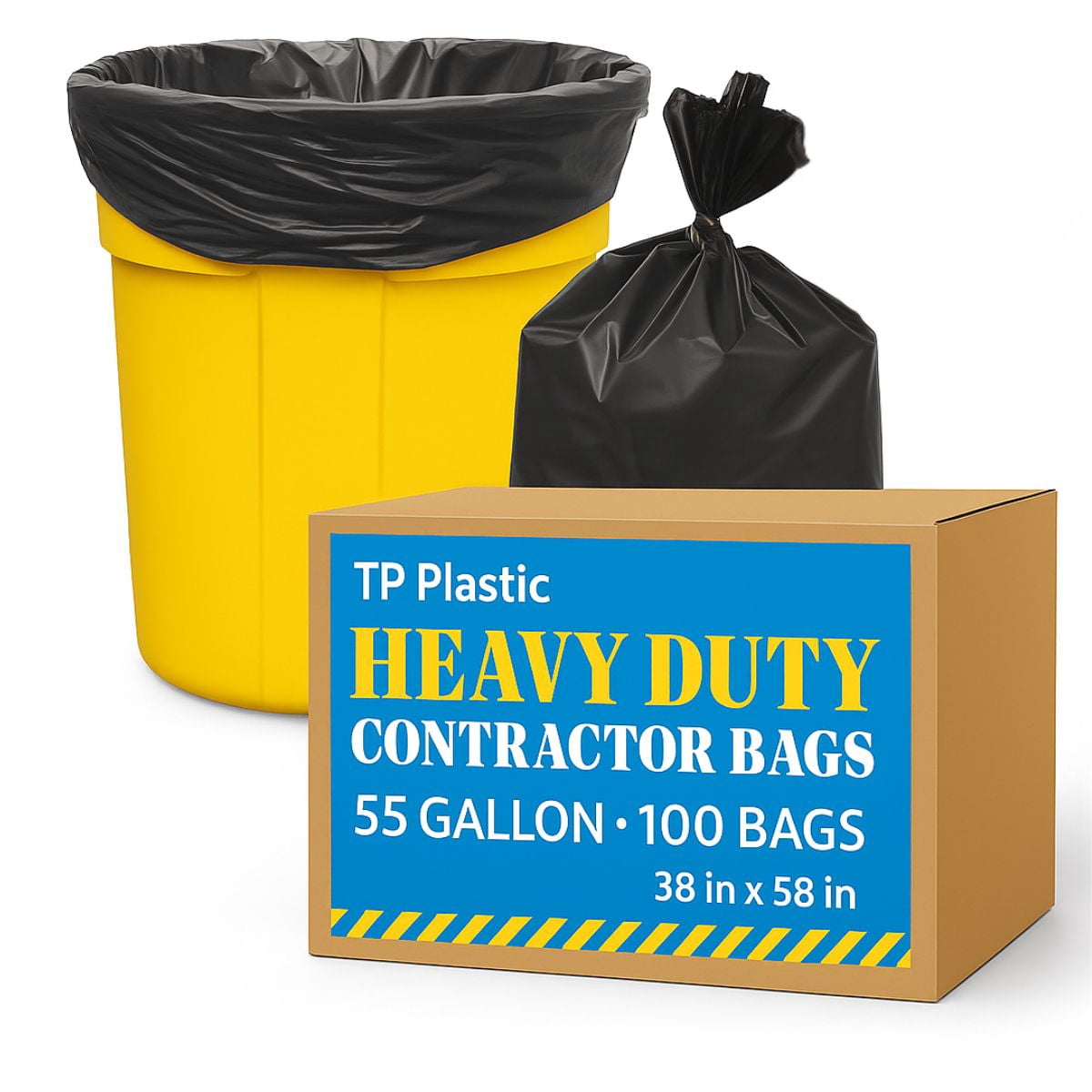 TP Plastic 55 Gallon Trash Bags – 100 Count Heavy Duty Black Garbage Bags, 38" x 58", Extra Thick for Outdoor, Commercial, or Industrial Use