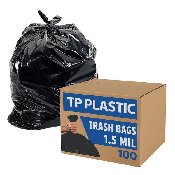 TP Plastic Large Black Trash Bags, 40-45 Gallon (40" x 46"), 1.5 Mil Thick, 100 Count – Heavy Duty Garbage Can Liners for Indoor & Outdoor Use