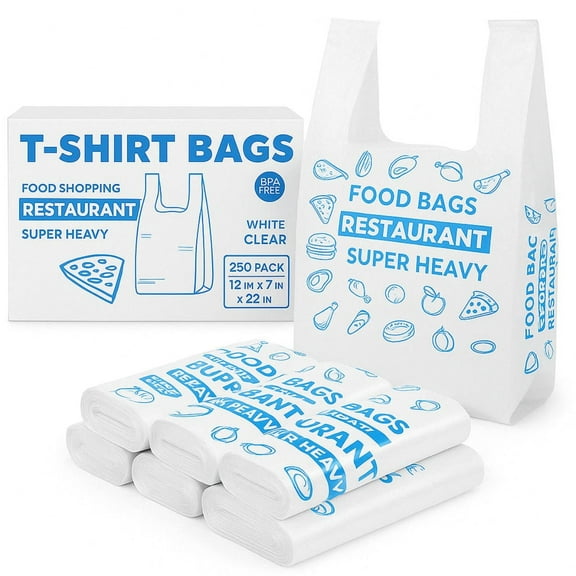 TP Plastic Heavy Duty White T-Shirt Bags, 12" x 7" x 22", 250 Count – Grocery Shopping Bags for Retail, Restaurants, Takeout & Food Service
