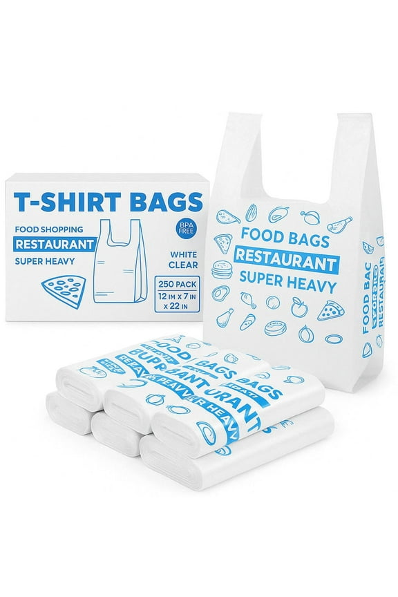 Heavy Duty White T-Shirt Bags, 12" x 7" x 22", 250 Count Grocery Shopping Bags for Retail, Restaurants, Takeout & Food Service