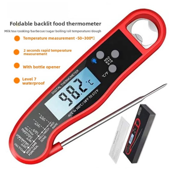 TP102 Foldable Digital Meat Thermometer for Cooking, BBQ Grill, Food, Milk Bottle, Water – Waterproof with Backlight, Instant Read, Temperature Range -50°C to 300°C (Red)