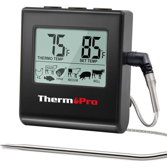 TP16 Large LCD Digital Meat Thermometer for Cooking, Smoking, Grilling, BBQ Food Temperature Indicator with Clock Timer and Stainless Steel Probe, Black