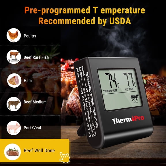 TP16H Large LCD Digital Meat Thermometer for Cooking, Smoking, Grilling, BBQ Food Thermometer with Clock Timer and Stainless Steel Probe, Black