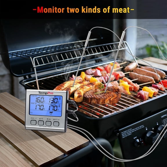 TP17 Dual Probe Digital Cooking Meat Thermometer Large LCD Backlight Food Grill Thermometer with Timer Mode for Smoker Kitchen Oven BBQ, Silver (Previously ThermoPro)