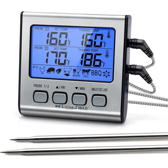TP17 Dual Probe Digital Cooking Meat Thermometer Large LCD Backlight Grill Thermometer with Timer Mode for Kitchen Oven BBQ, (Previously )