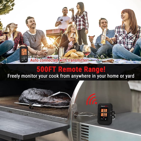 TP20B Black 500FT Wireless Meat Thermometer with Dual Meat Probe, Digital Cooking Food Thermometer for Smoker BBQ Grill, NSF Certified